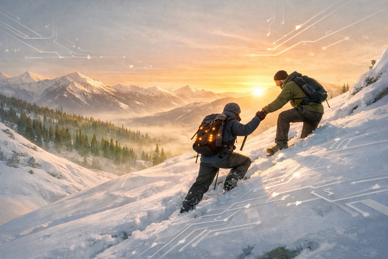 Deux randonneurs s’entraident pour gravir une montagne enneigée au lever du soleil, symbole de leadership et de soutien